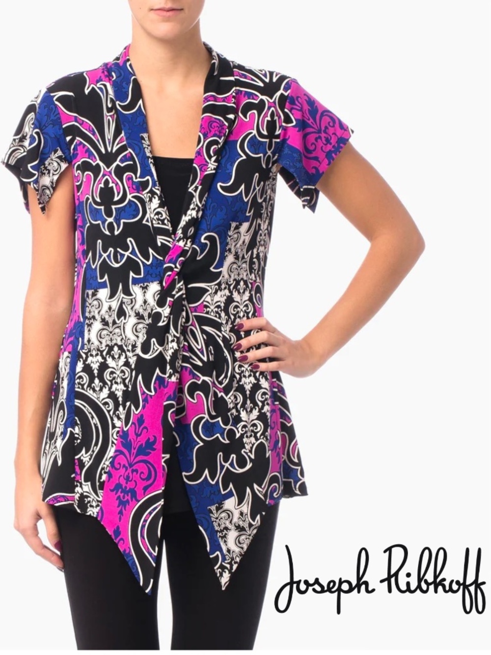 Joseph Ribkoff Bold Print Crossover Neck Handkerchief Hem Cap Sleeve Top Size 10